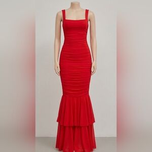 LCNBA Women's  Square Neck Ruffle Hem Dress Ruched Bodycon, beautiful Red color.